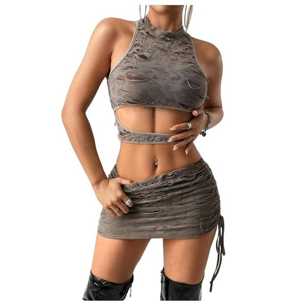 Women Distressed Ripped Two-Piece Skirt Set Gray Ruched Mini Cutout Top Size M